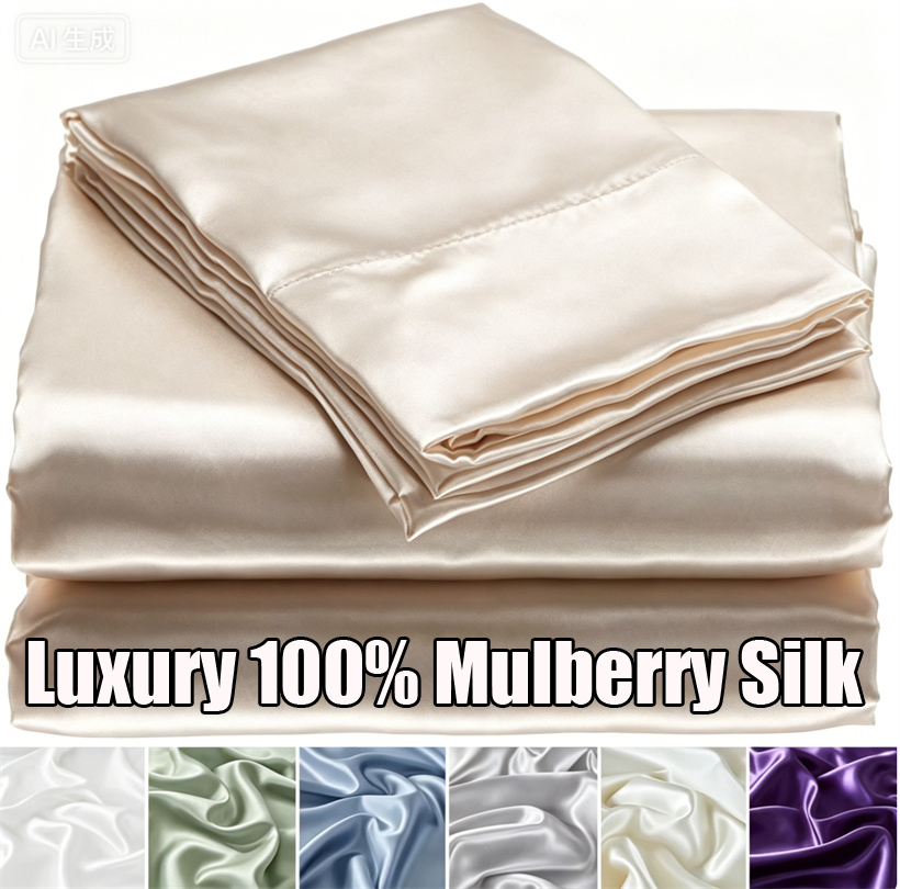 Luxury Skincare Set - 高級桑絹シルクベッドシーツセット 100%シルクシーツセット フィットシーツ フラットシーツ 枕カバー 敏感肌用