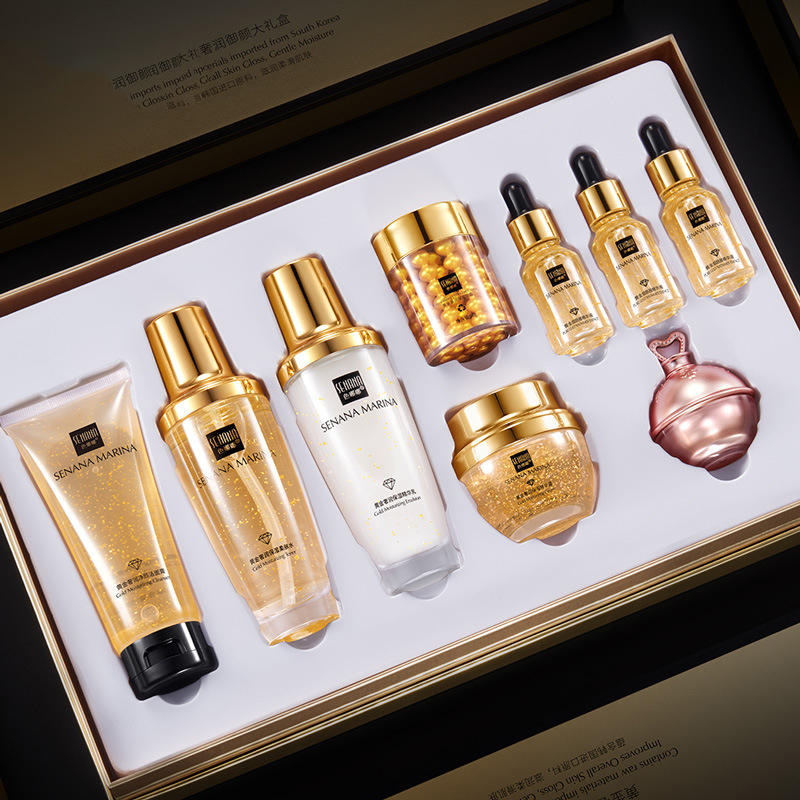 Luxury Skincare Cleanser - 女性 24 18K ゴールドスキンケアセット 9 個ボックスフェイストナーエッセンスクリームニコチンアミドアンチエイジングしわ血清洗顔料キット