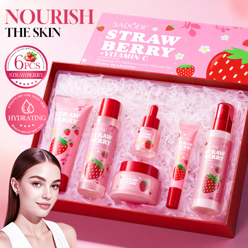Luxury Skincare Set - ストロベリーVCブライトニングラグジュアリーケア6点フェイシャルスキンケアセット、優しい処方、なめらかな肌、女性への理想的なホリデーギフト