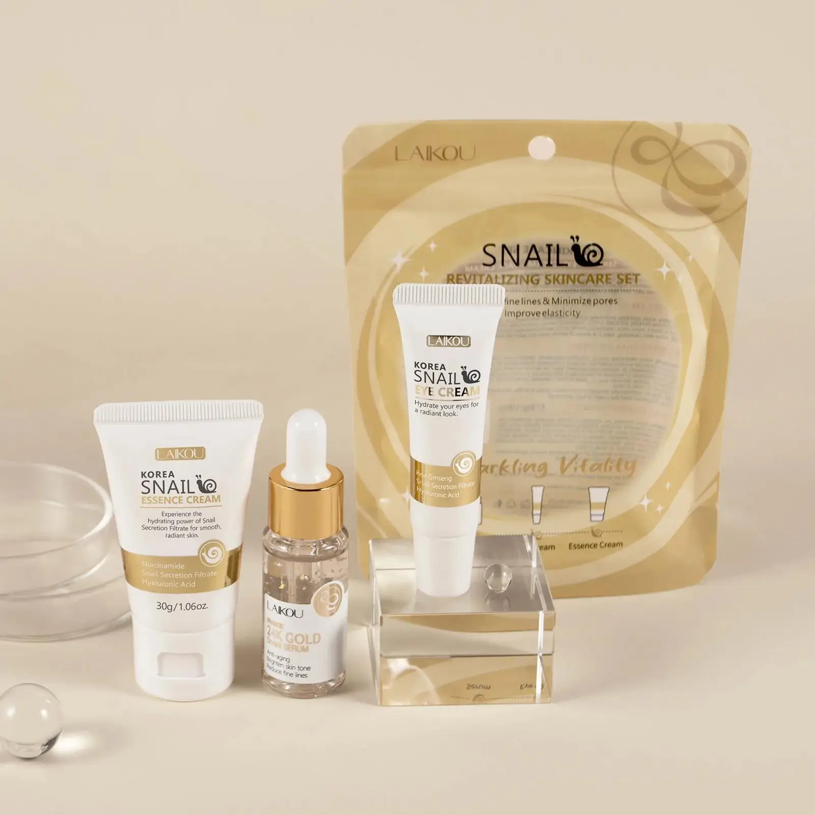 Luxury Skincare Set - 24Kゴールドスネイルリペアセラムアイクリームエッセンスセット 保湿、小じわを滑らかに、毛穴を小さくする 高級スキンケア